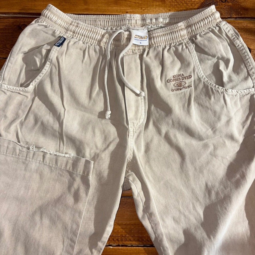 Crazy Shirts Kona Coffee Dyed Pants Mens Small Tan Hawaii Drawstring Twill READ